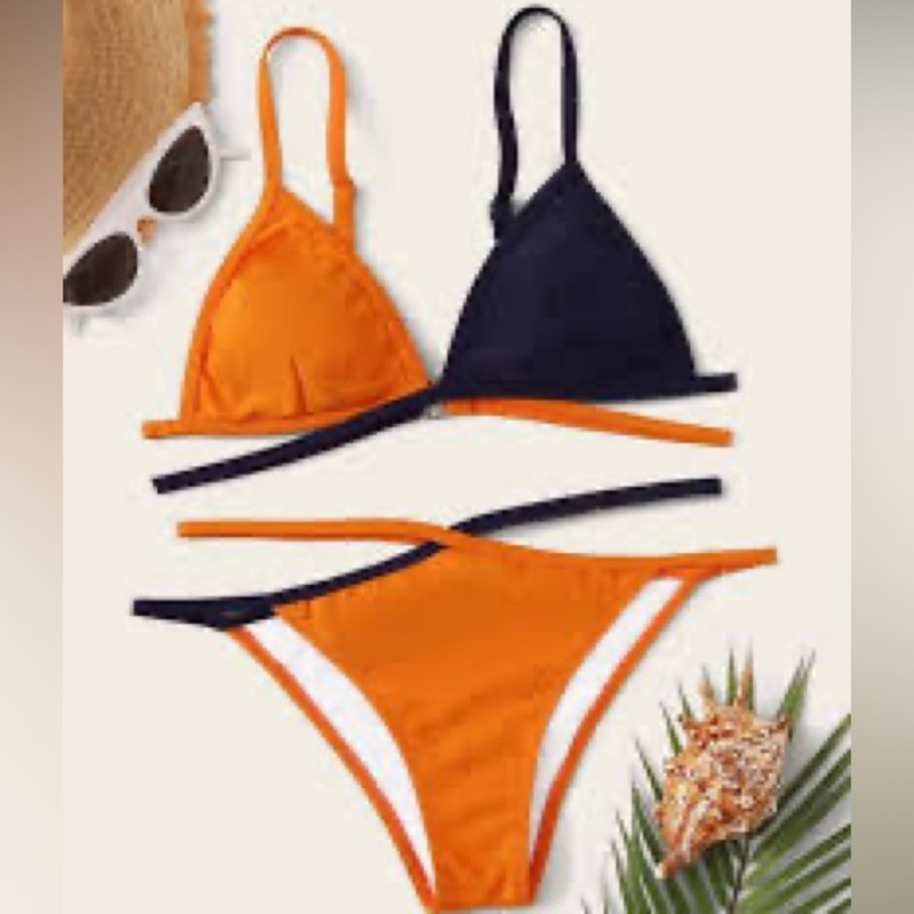 Cupshe navy and orange strappy bikini NWT Large